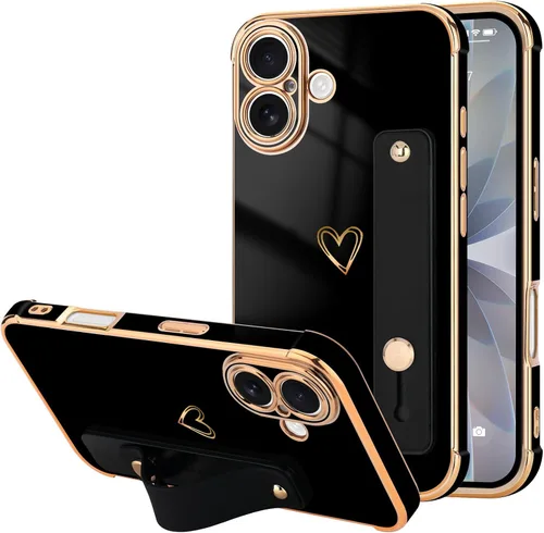 Vista 28 de LLZ.COQUE Funda compatible con iPhone 12 para mujeres y niñas, parachoques chapado de lujo con bonito diseño de corazón de amor, soporte de correa