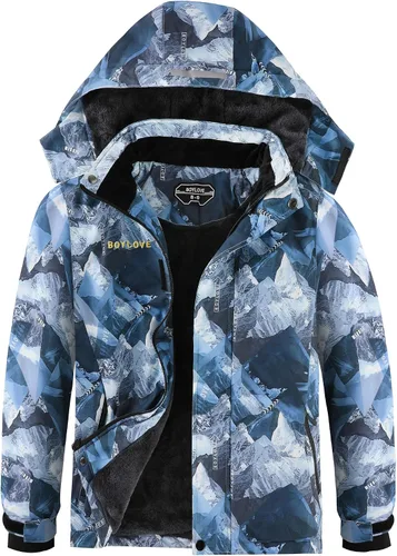 Vista 11 de Chaquetas de esquí para niños, impermeable, abrigo de invierno con forro polar, resistente al viento, chaqueta de snowboard con capucha desmontable