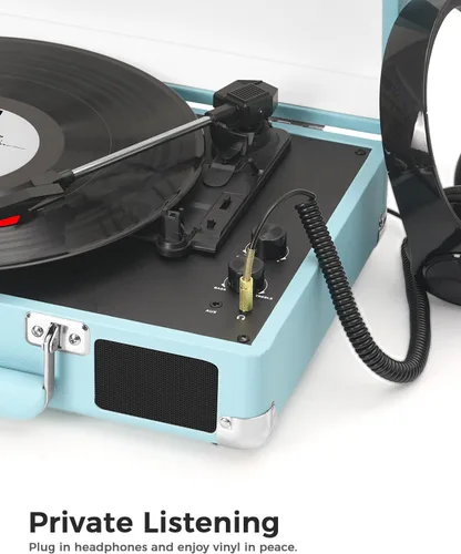 Vista 7 de Tocadiscos de maleta Bluetooth con altavoces integrados, control de graves y agudos, tocadiscos de transmisión por correa de 3 velocidades