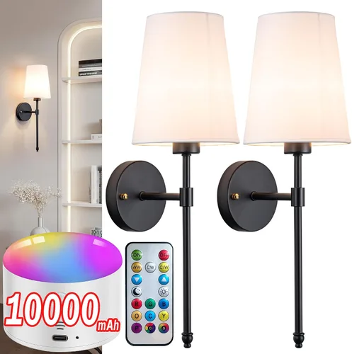 Vista 12 de YHCDLAMP Juego de 2 apliques de pared que funcionan con pilas, luces de pared inalámbricas recargables con bombillas magnéticas de 10000 mAh, hasta