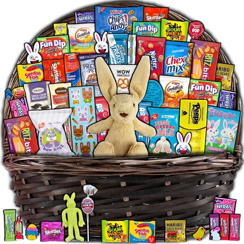 Vista 6 de Cesta de Pascua azul para niños y adultos (40 artículos) – Cesta de regalo llena de caramelos, bocadillos, golosinas y conejo de Pascua de peluche