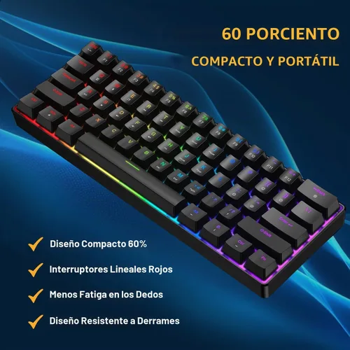 Vista 5 de BlueFinger Combo de teclado y mouse mecánicos para juegos 60% – Teclado RGB con retroiluminación arcoíris de 61 teclas con interruptor rojo y 4 DPI