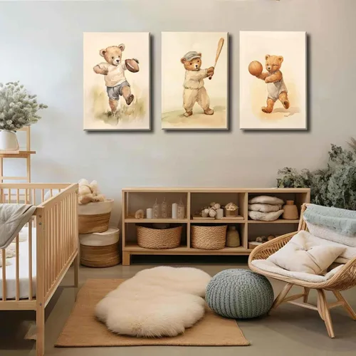 Vista 6 de 3 Piezas Arte de Pared en Lienzo de Animales Osito de Peluche Deportivo para Cuarto de Bebé Lindo Oso Bebé del Bosque Rugby Decoración de Pared