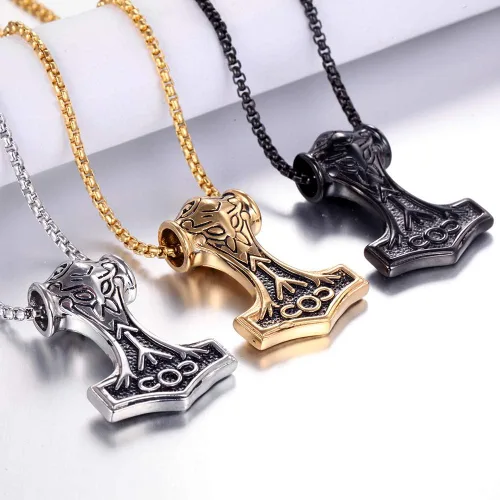 Vista 3 de Collar con colgante de martillo Thors Mjolnir de acero inoxidable para hombre