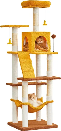 Vista 16 de MWPO - Árbol para gatos, multiestructura para gatos grandes con postes rascadores de sisal, plataforma acolchada, hamaca y condominio, torre Beige