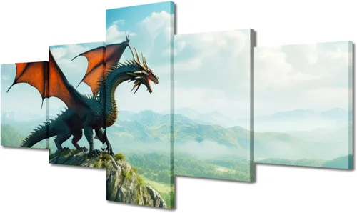 Vista 20 de Lienzo decorativo para pared de sala de estar, lienzo de dragón, 5 paneles, dragón verde, decoración de pared para el hogar, decoración de pared