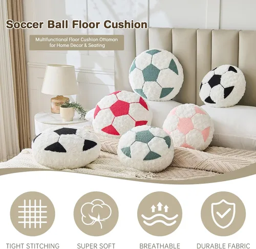 Vista 6 de Cojín redondo de fútbol de fútbol, suave y esponjoso, almohada decorativa de felpa para decoración de habitación (negro, 12 pulgadas)