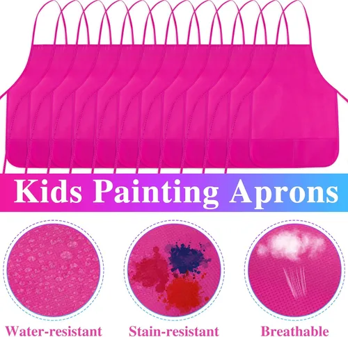 Vista 3 de 12 piezas de delantales para niños de color rojo rosa con 2 bolsillos amplios para arte, actividades de pintura, manualidades en la cocina Rosa Rojo