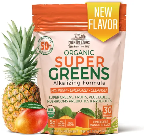 Vista 10 de Country Farms Super Greens Batido en Polvo de Manzana y Plátano, Súper Alimentos Orgánicos, Mezcla de Bebida Orgánica USDA, Frutas, Verduras