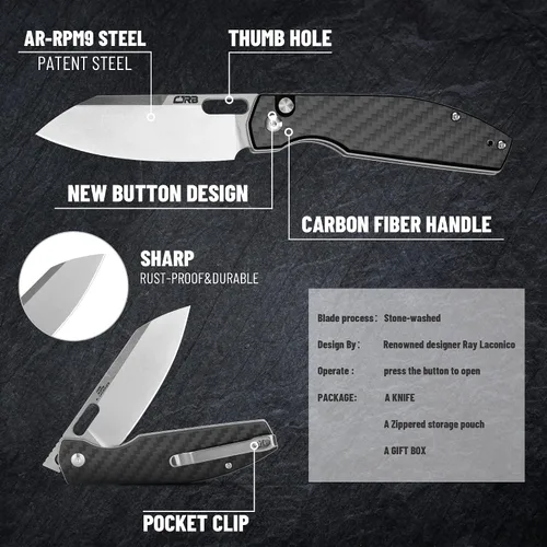 Vista 3 de CJRB CUTLERY Cuchillo de bolsillo Ekko (1929) Cuchillo plegable para hombres AR-RPM9 hoja de acero y mango de fibra de carbono negro para trabajo al