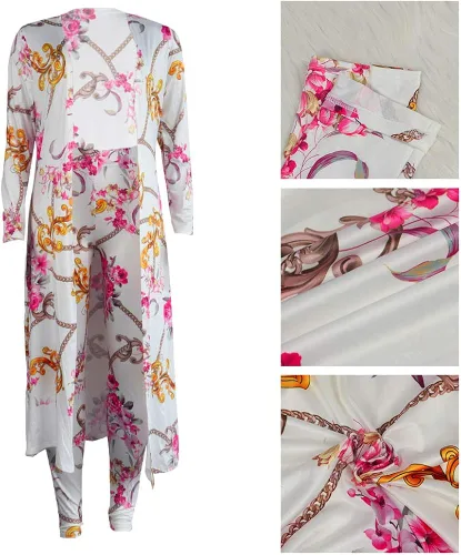 Vista 5 de Conjunto de chaqueta abierta de manga larga y pantalones largos para mujer, 2 piezas con estampado floral