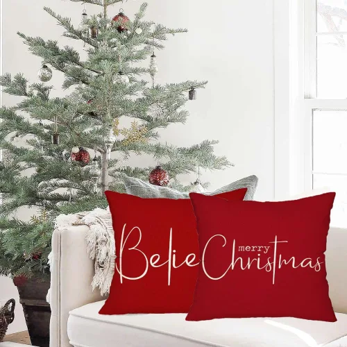 Vista 2 de RABUSOFA Juego de 2 fundas de almohada navideñas de 18 x 18 pulgadas, fundas de almohada decorativas de Navidad, fundas de cojín rojas de Navidad