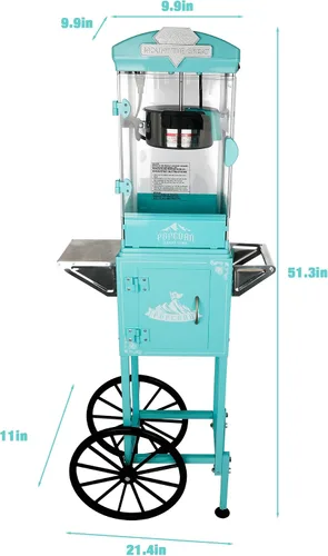 Vista 2 de Máquina de palomitas de maíz vintage con carrito y ruedas retro, máquina de palomitas de maíz de cine en casa de un solo toque para reuniones Cian