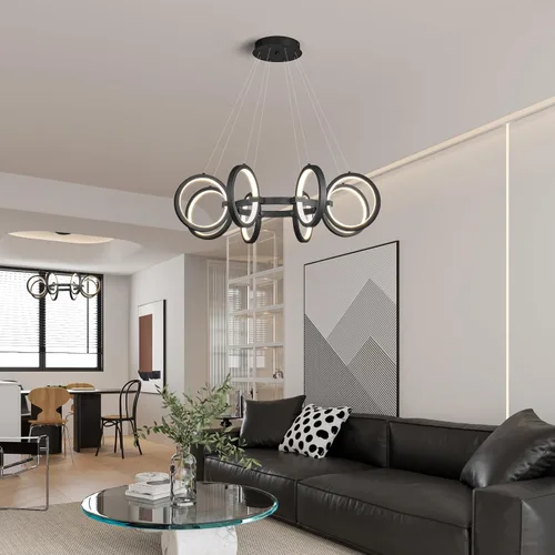 Vista 3 de Moderno candelabro LED regulable redondo, lámparas colgantes de 8 anillos, lámparas colgantes ajustables para cocina, isla, sala de estar, comedor