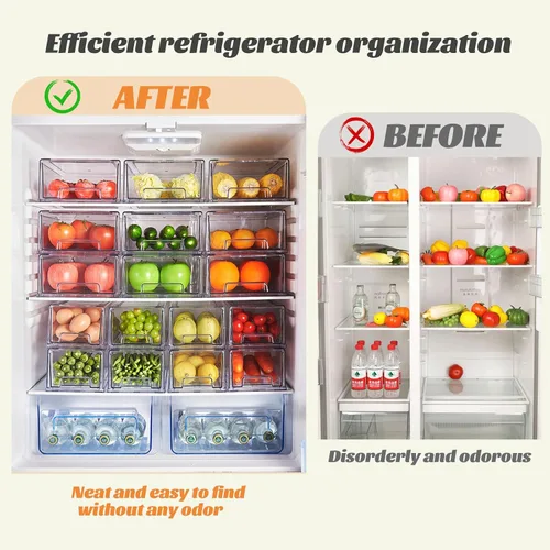 Vista 3 de Organizadores de refrigerador apilables transparentes y cajones de almacenamiento – Contenedores extraíbles para refrigerador con asas para cocina