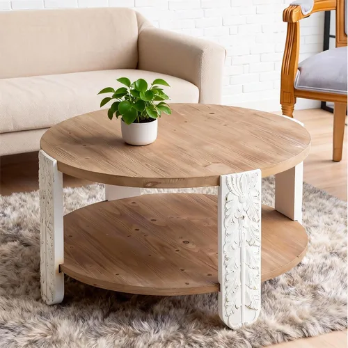 Vista 17 de KEVINSPACE Mesa de centro redonda de 35.43 pulgadas para sala de estar, pedestal de madera redonda, mesa de centro para sala, mesa de centro