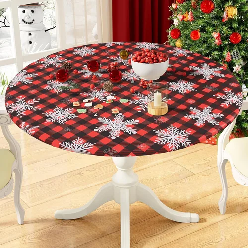 Vista 43 de misaya Mantel redondo ajustable con borde elástico, mantel de plástico impermeable a prueba de aceite, mantel con parte trasera de franela de vinilo