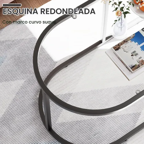Vista 6 de Mesa de café Wolawu Mesas de café de vidrio negro para sala de estar, mesa de centro ovalada con marco de metal resistente, mesas de acento modernas
