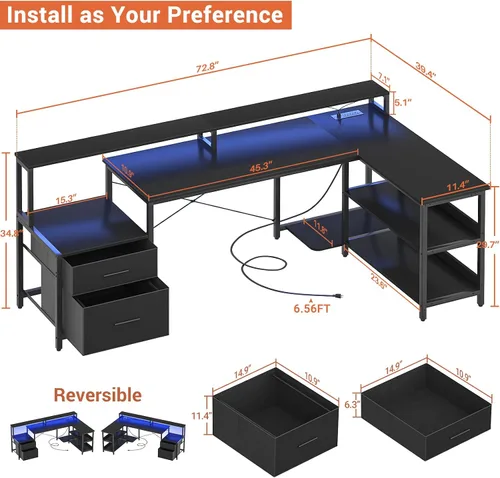 Vista 2 de Aheaplus Escritorio en forma de L con cajón de archivos, escritorio reversible en forma de L para computadora de 72.8" con toma de corriente