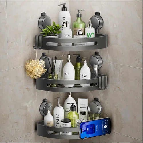 Vista 9 de Organizador de ducha esquinero, con ventosa y ganchos, organizador de baño de aluminio inoxidable sin perforaciones, estantes para decoración