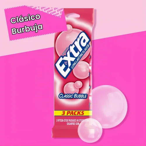Vista 2 de EXTRA Chicle Clásico de Burbujas Sin Azúcar, 15 barras (paquete de 3)