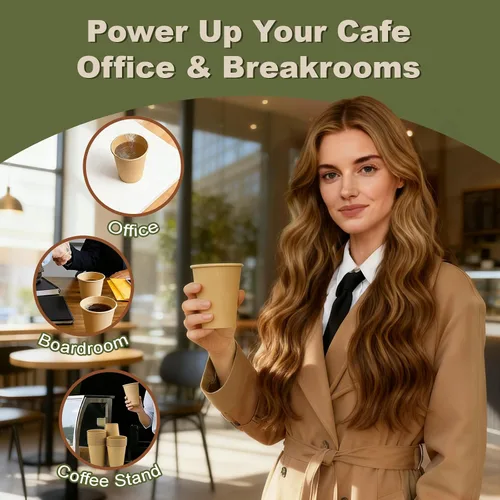 Vista 7 de Paquete de 100 tazas de café desechables de 8 onzas, tazas de papel desechables de color marrón a granel, tazas de café para té caliente, chocolate