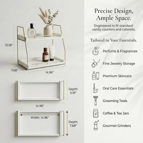 Vista 2 de Mustry Organizador de encimera de baño, organizador de maquillaje de 2 niveles para tocador, estante de madera con marco de metal dorado