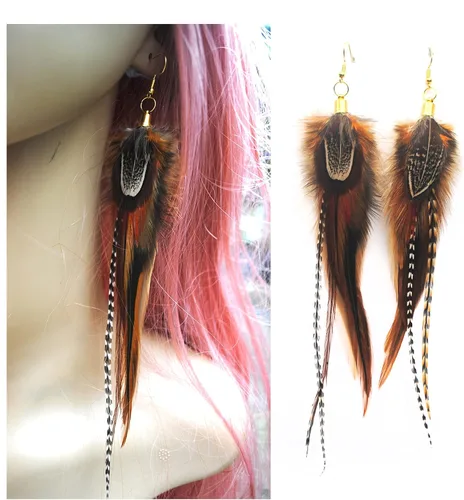 Vista 2 de Real Feather Earrings Boho Feather earrings in Natural Feathers Brown Amber and Tan tones