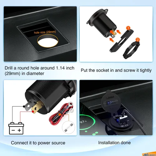 Vista 7 de Nilight Enchufe USB PD tipo C y QC 3.0 USB de carga rápida 12V 24V Enchufe de coche Voltímetro Interruptor de encendido/apagado Kit de alambre