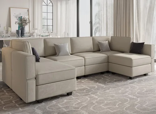 Vista 3 de Belffin Sofá modular en forma de U con asiento de almacenamiento Sofá seccional reversible con diván de terciopelo gris.