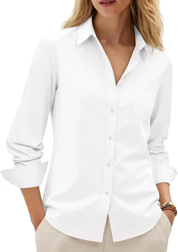 Vista 22 de siliteelon Camisas con botones para mujer, camisa Oxford de algodón, camisa de vestir de manga larga, blusas de trabajo con bolsillo