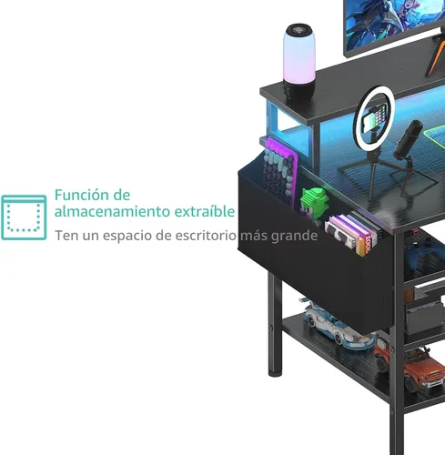 Vista 8 de Lufeiya - Escritorio para juegos con luces LED y estantes de almacenamiento, escritorio de computadora de 47 pulgadas con enchufes de corriente