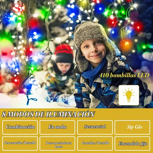 Vista 3 de Cadena de luces para árbol de Navidad, 410 luces LED de Navidad para árbol con 8 modos de luz y función de memoria, 6.6 pies x 16 luces de cadena