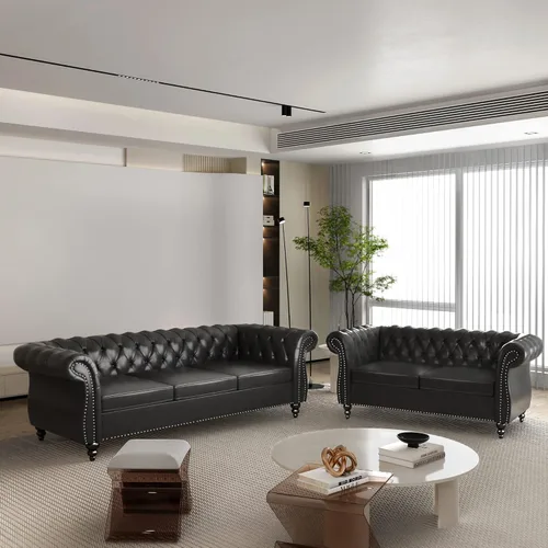 Vista 5 de AVZEAR Sofá Chesterfield de 84 pulgadas, 3 plazas, sofá clásico de cuero PU con brazos enrollados y respaldo con botones capitoné, sofá tipo canapé