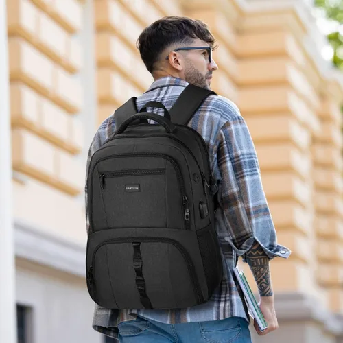Vista 7 de YAMTION Mochila de gimnasio para hombres y mujeres con compartimento para zapatos, bolsa de libros de 17,3 pulgadas para niños con puerto USB