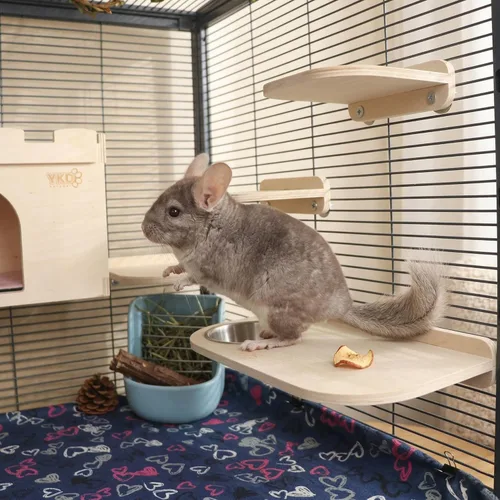 Vista 3 de Juego de plataforma de madera Chinchilla con repisas de jaula de chinchilla Accesorios de jaula para animales pequeños para hámsters planeadores