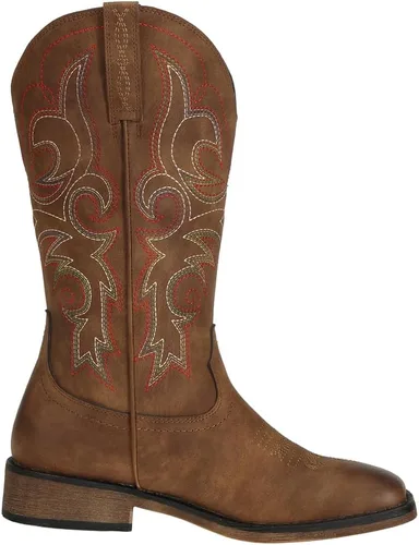 Vista 6 de J's.o.l.e Botas vaqueras de punta cuadrada para mujer, de media pantorrilla, con tacón grueso, bordado retro, botas occidentales