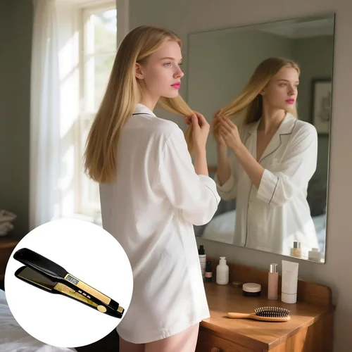 Vista 2 de Plancha de cerámica turmalina para el cabello, calentamiento rápido, para cabello húmedo y seco, temperatura ajustable, enchufe de EE. UU., diseño