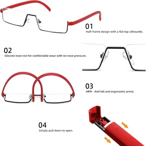 Vista 5 de REAVEE Elegantes lentes de lectura de medio marco para mujeres y damas, media lente, ligeros, rectangulares, de metal, portátiles, con estuches