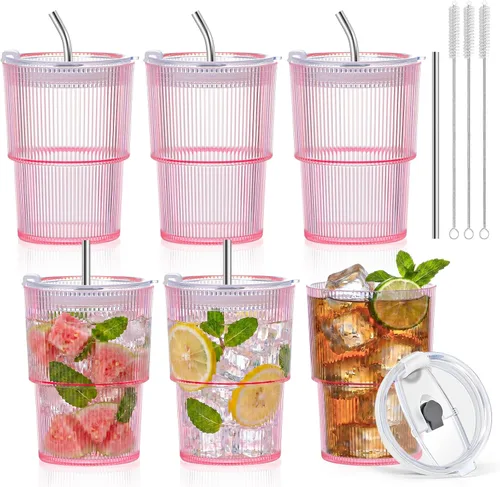 Vista 24 de 2 vasos de plástico de 15 onzas con tapas y pajita, tazas de plástico reutilizables para café helado, a prueba de fugas, vasos de viaje para café