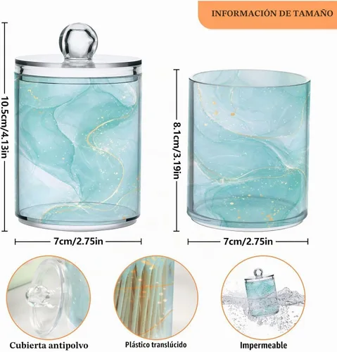 Vista 3 de Juego de 2 dispensadores de bastoncillos de algodón de mármol turquesa, recipiente de almacenamiento para baño, tapa de plástico acrílico, frasco