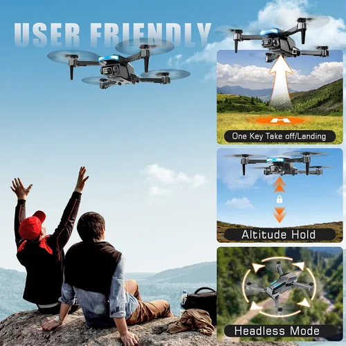 Vista 5 de Dron con cámara, dron plegable FPV 1080P con soporte de altitud estable, control de gravedad, vuelo según trayectoria, lente ajustable de 90°