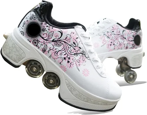Vista 17 de Zapatos de patinaje convertibles para hombres y mujeres, zapatos de paseo automáticos para niños y adultos, patines con doble fila de ruedas, ruedas