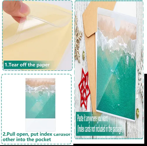 Vista 5 de Paquete de 45 bolsillos autoadhesivos para tarjetas de visita de 2.7 x 4.2 pulgadas, bolsillos para etiquetas de índice de plástico transparente