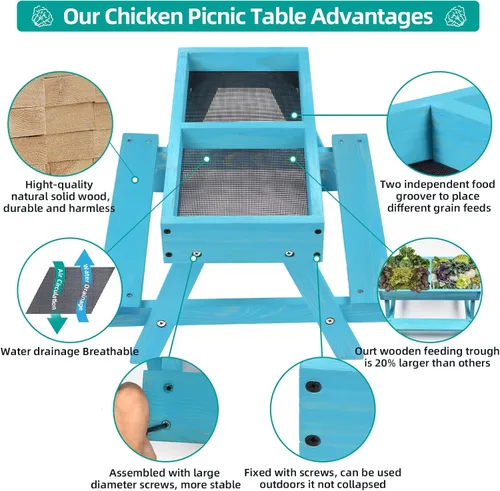 Vista 3 de Mesa de picnic de pollo, comedero de pollo sin desperdicios hecho a mano de madera, kit grande de comedero de pollo para bricolaje, comederos