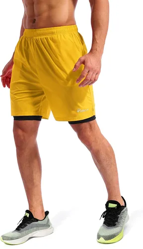 Vista 4 de Pudolla Mens 2 in 1 Running Shorts 7" Quick Dry Gym Athletic Workout Shorts for Men with Phone Pockets