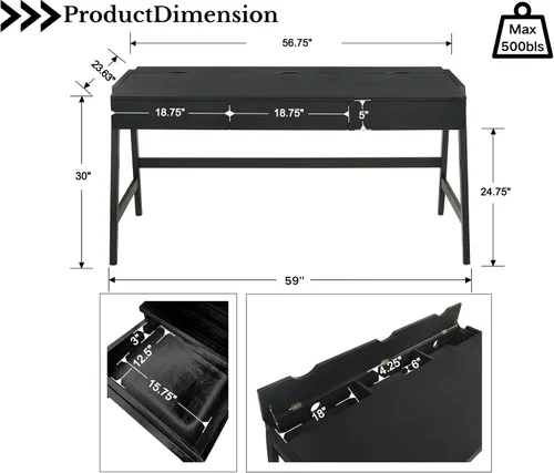 Vista 2 de HNY Escritorio de madera negra de 59 pulgadas con 3 cajones, mesa de estudio de computadora con parte superior de MDF, patas de madera maciza