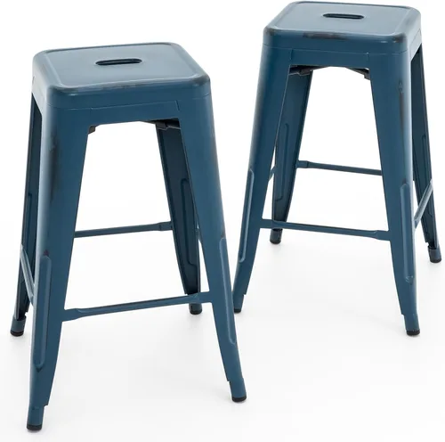 Vista 11 de Vogue Furniture Direct 24" Taburetes de bar de metal sin respaldo negros para interiores/exteriores, altura para encimera con asiento cuadrado