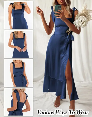 Vista 4 de MIRGLER Vestido de satén con cuello cuadrado para mujer, con lazo en la espalda, cintura alta, volantes, acampanado, abertura lateral, vestidos midi