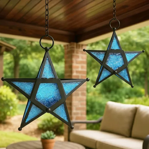 Vista 17 de Juego de 2 Faroles portavelas decorativos con forma de estrella, transparente